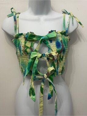 Damson Matter Tie-Front Smocked Crop Top in Green Multi
